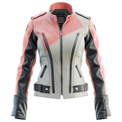 Women’s Pink & Grey Colorblock Moto Biker Leather Jacket