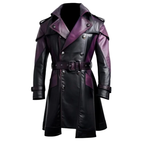 Women’s Purple & Black Leather Belted Trench Long Coat