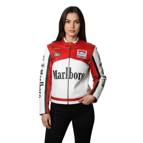 Women’s Red & White Racing-Inspired Leather Jacket