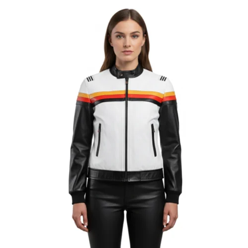 Women’s Retro Racing Biker Leather Jacket – White & Black