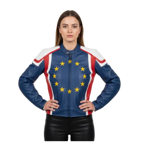 Women’s Europe Flag Biker Leather Jacket – Stylish Fashion