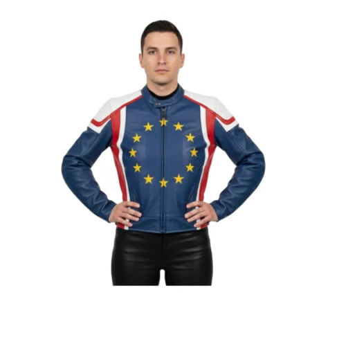 Men’s Europe Flag Biker Leather Jacket – Stylish Fashion