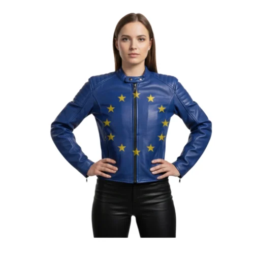 Women’s Blue Biker Leather Jacket With European Stars Design