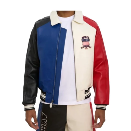 Men’s Varsity Red, White & Blue Bomber Leather Jacket