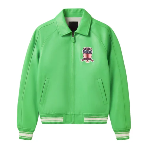 Men’s Premium Varsity Lime Green Bomber Leather Jacket
