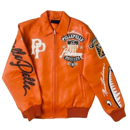 Men’s Orange Bomber Leather Jacket – Stylish Fashion