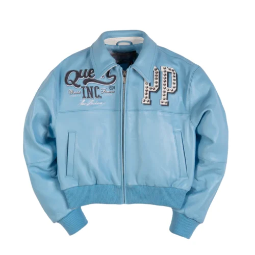 Women’s Sky Blue Cropped Bomber Leather Jacket