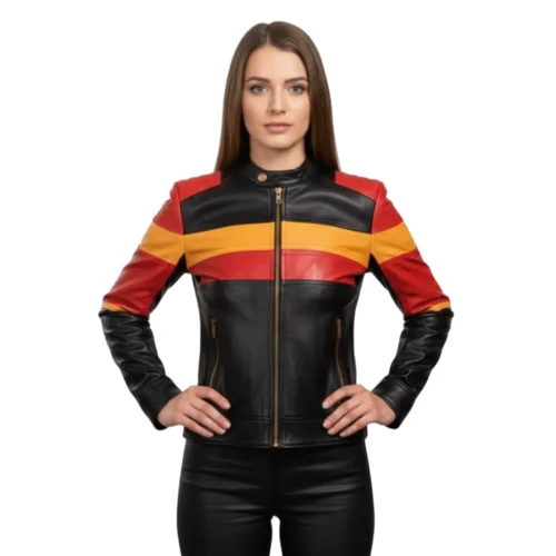 Women’s Inspired By German Flag Casual Biker Leather Jacket