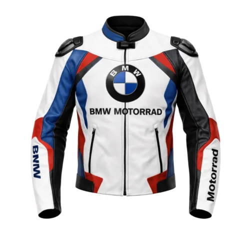 Men’s Motorcycle Leather Jacket – White/Blue/Red Racing