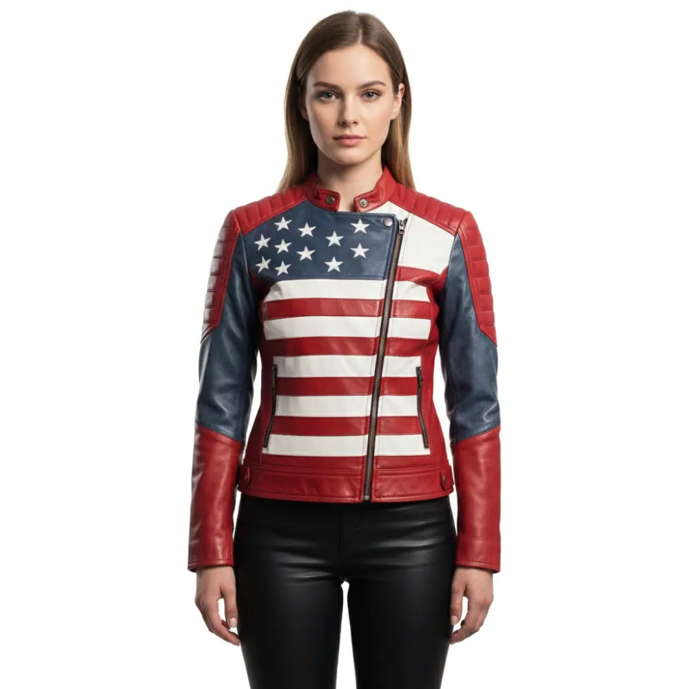 Women’s Biker Leather Jacket – American Flag Style Women’s Biker Leather Jacket