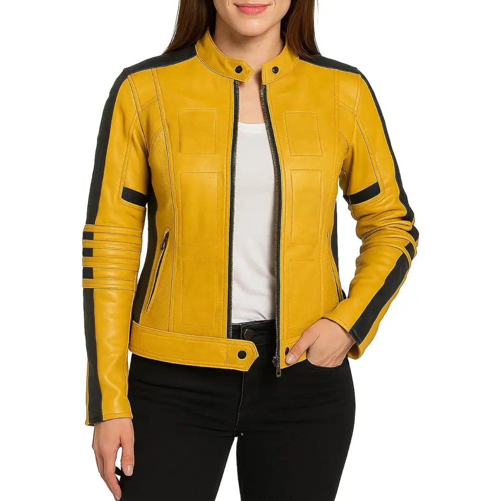 Women’s Mustard Yellow & Black Moto Biker Leather Jacket Women’s Biker Leather Jacket