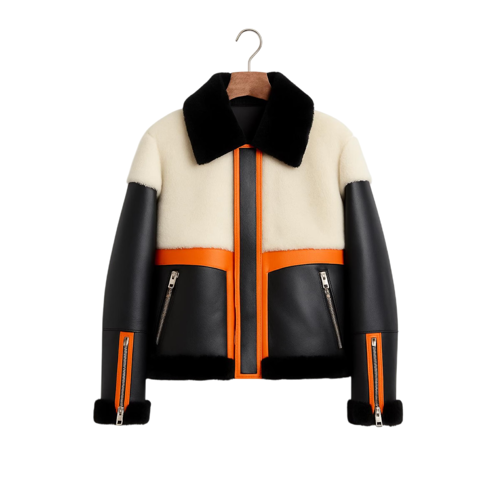 Men’s Cream & Black Faux Shearling Leather Jacket Men’s Shearling Leather Jacket