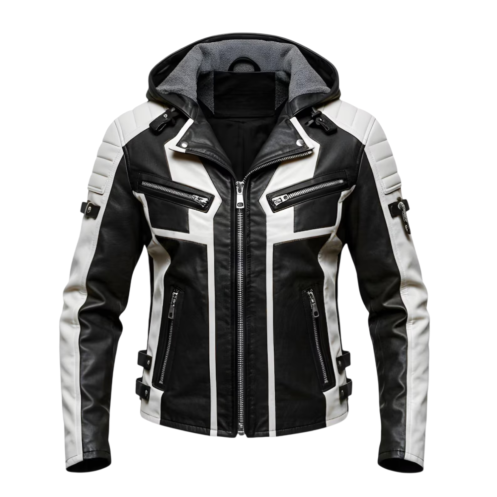 Men’s Black & White Hooded Biker Leather Jacket Men’s Hooded Leather Jacket