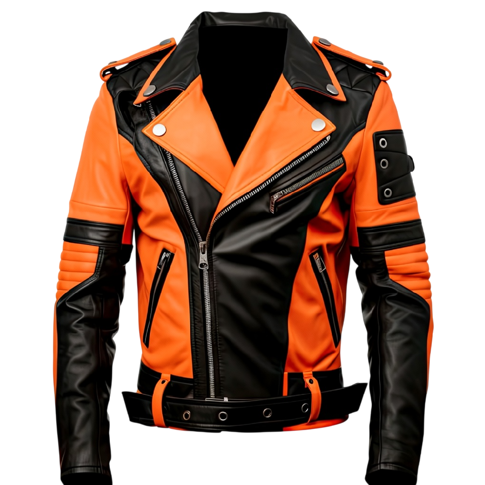 Men’s Orange & Black Biker Rider Leather Jacket – Stylish Men’s Biker Leather Jacket