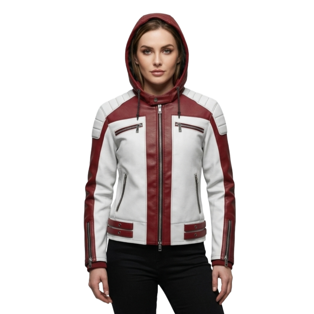 Women's Light Gray & Maroon Hooded Biker Leather Jacket Women's Hooded Leather Jacket