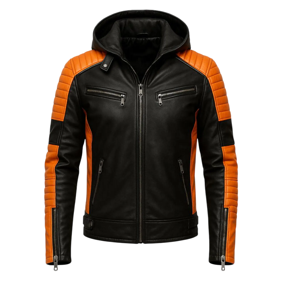 Men’s Black & Orange Hooded Quilted Biker Leather Jacket Men’s Hooded Leather Jacket