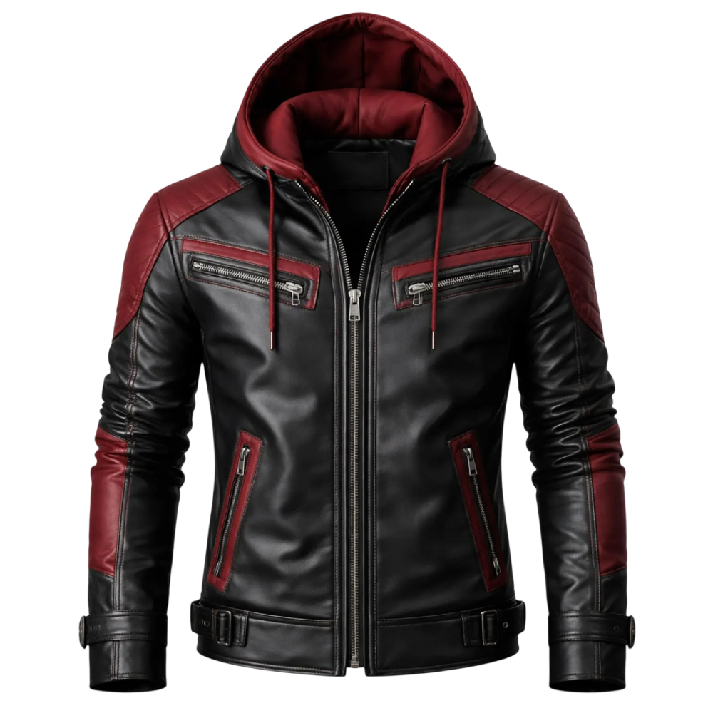 Men’s Black & Red Hooded Biker Leather Jacket Men’s Hooded Leather Jacket