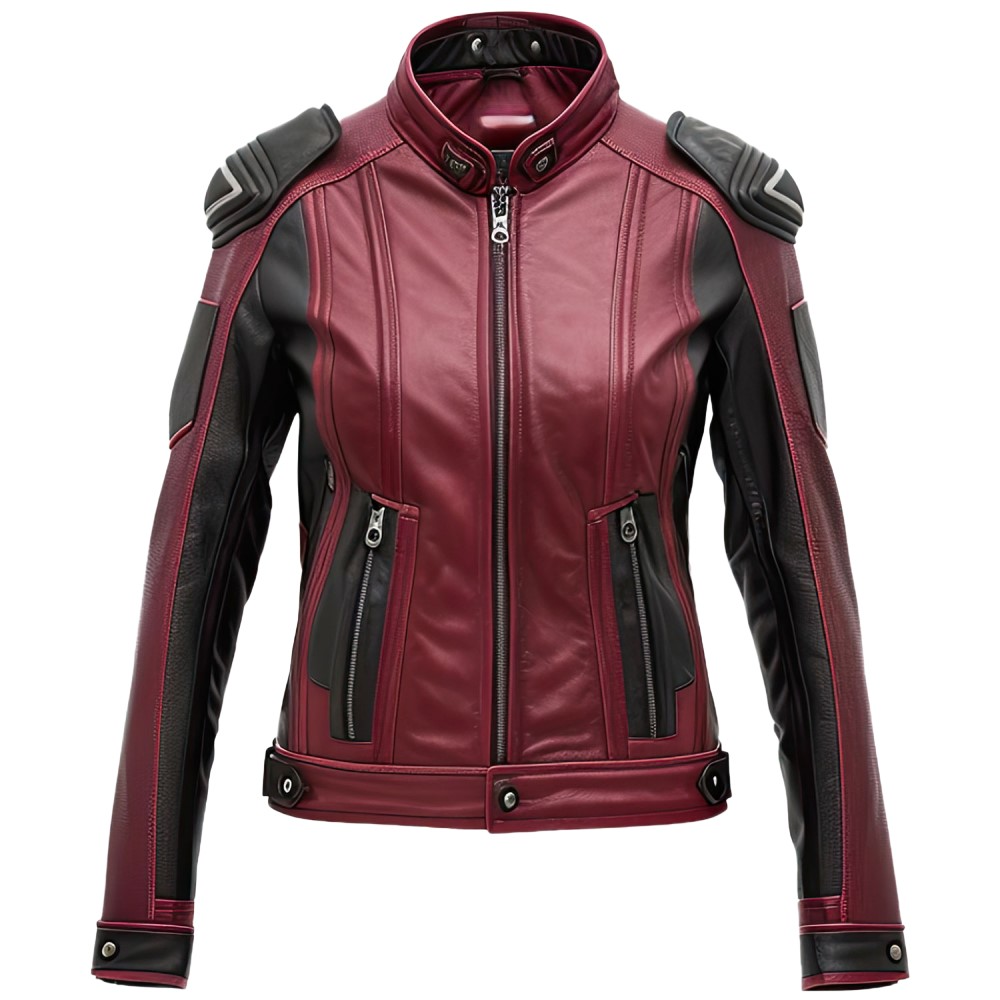 Women’s Burgundy Black Armored Biker Leather Jacket Women’s Biker Leather Jacket