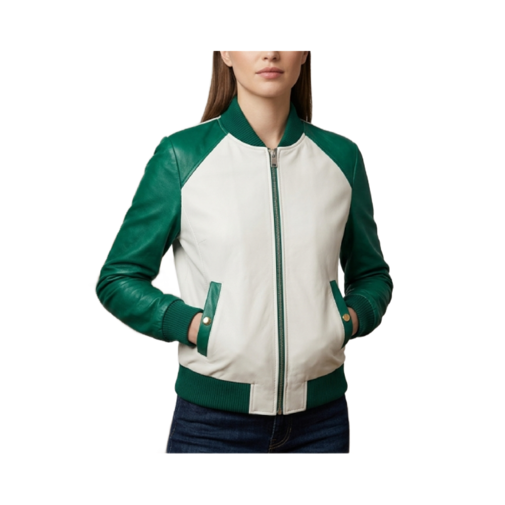 Women's Cream & Green Varsity Leather Bomber Jacket Women's Leather Bomber Jacket