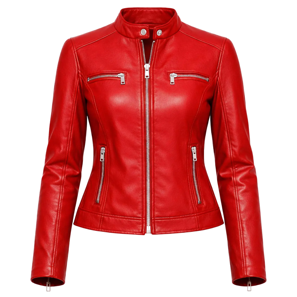 Women’s Red Faux Leather Jacket – Slim Fit Stand Collar Women’s Leather Jacket