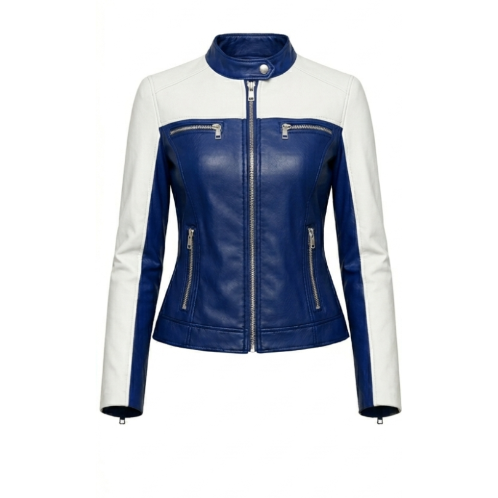 Women’s Blue & White Slim Fit Faux Leather Jacket Women’s Leather Jacket