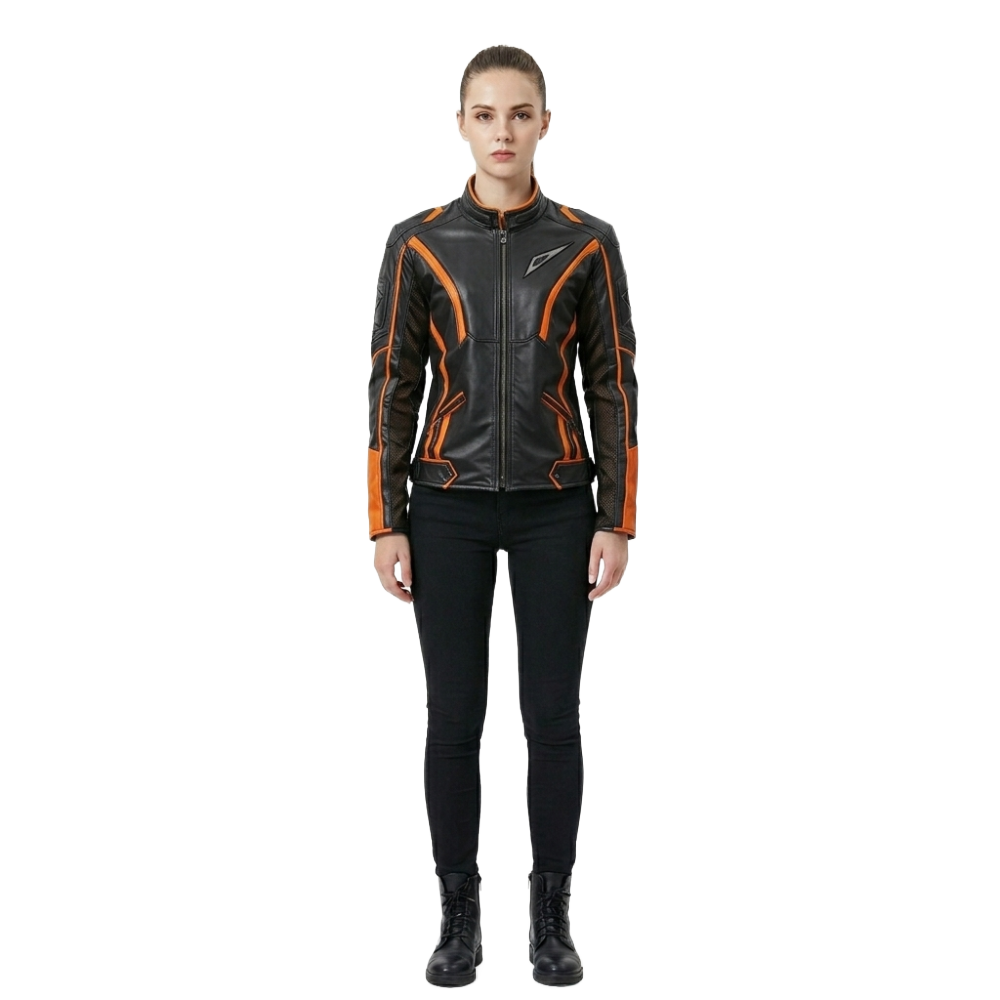 Women's Black With Orange Accents Leather Racing Biker Jacket Women's Leather Biker Jacket