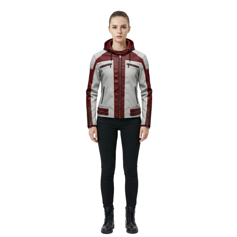 Women's Light Gray & Maroon Hooded Biker Leather Jacket Women's Hooded Leather Jacket