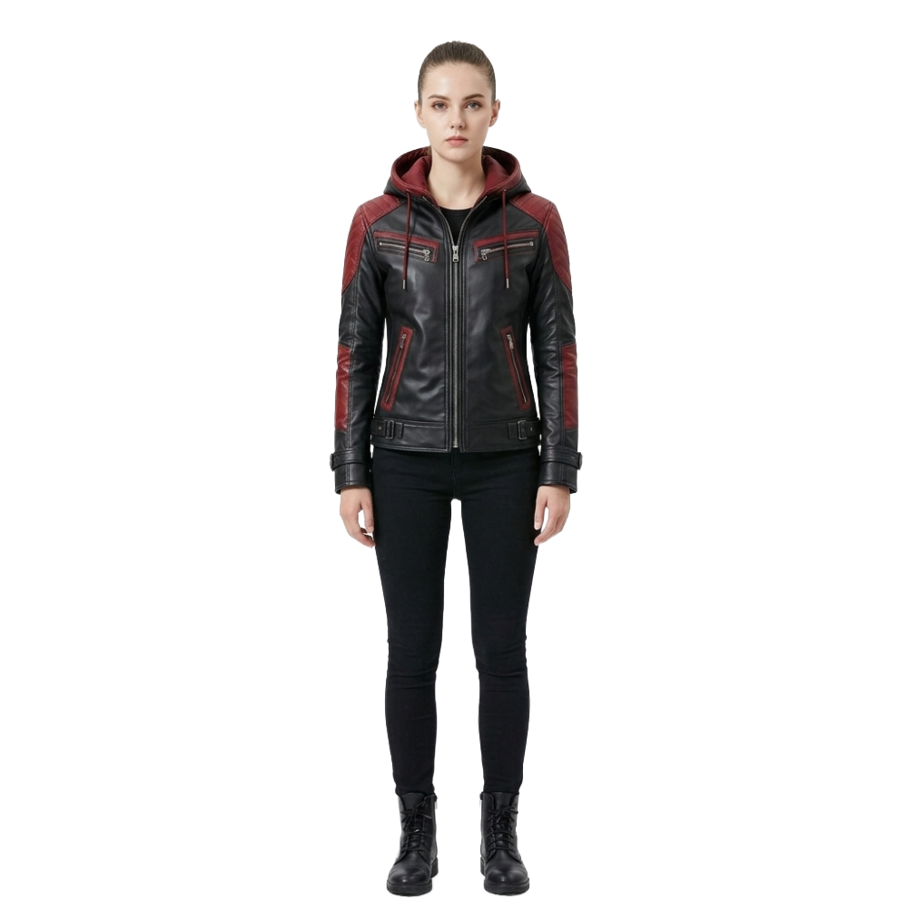 Women's Black & Red Hooded Biker Leather Jacket Women's Hooded Leather Jacket
