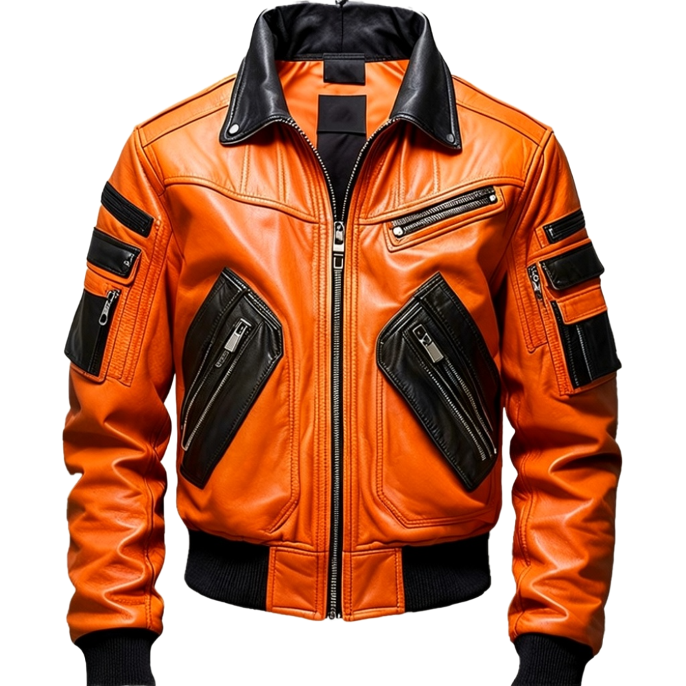 Men’s Orange & Black Bomber Leather Jacket Fashion Style Men’s Bomber Leather Jacket
