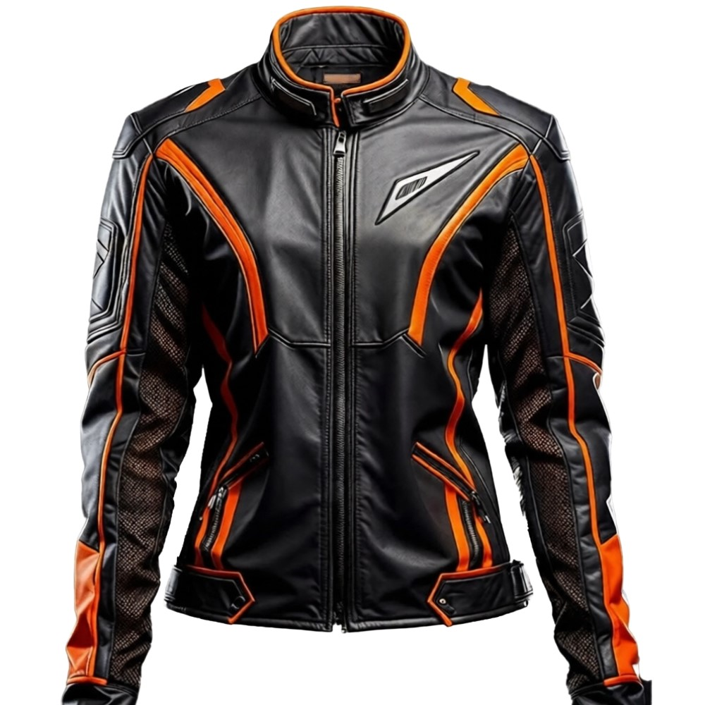 Men’s Black & Orange Racing Biker Leather Jacket Men’s Biker Leather Jacket