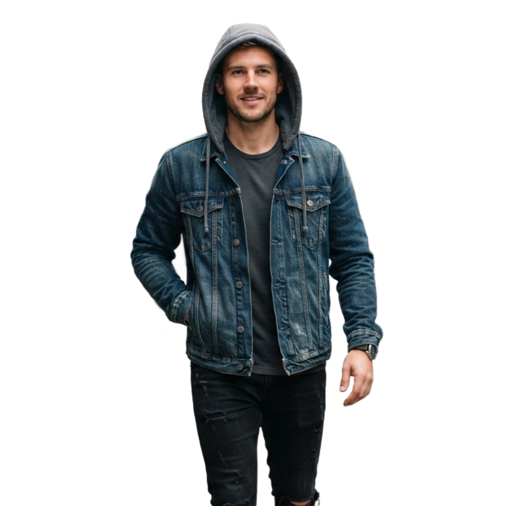 Men's Blue Hooded Distressed Denim Trucker Jacket Men's Hooded Denim Jacket