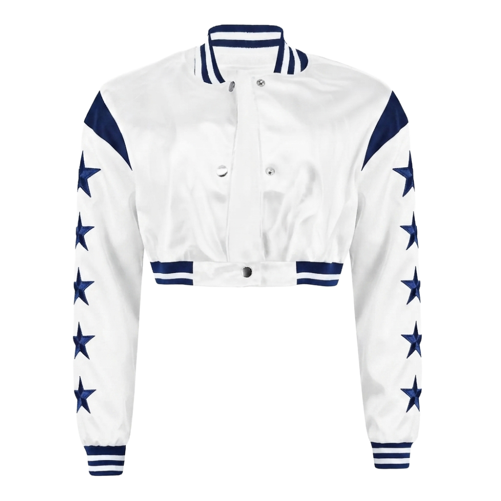 Women's White & Navy Star Sleeve Cropped Satin Varsity Jacket Women's Varsity Jacket