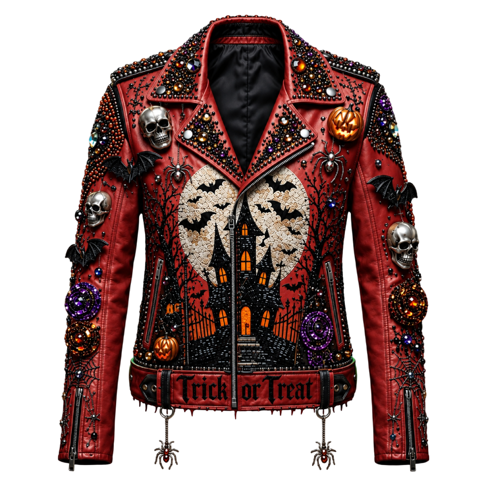 Men’s Burgundy Haunted Castle Trick or Treat Biker Leather Jacket Men’s Biker Leather Jacket