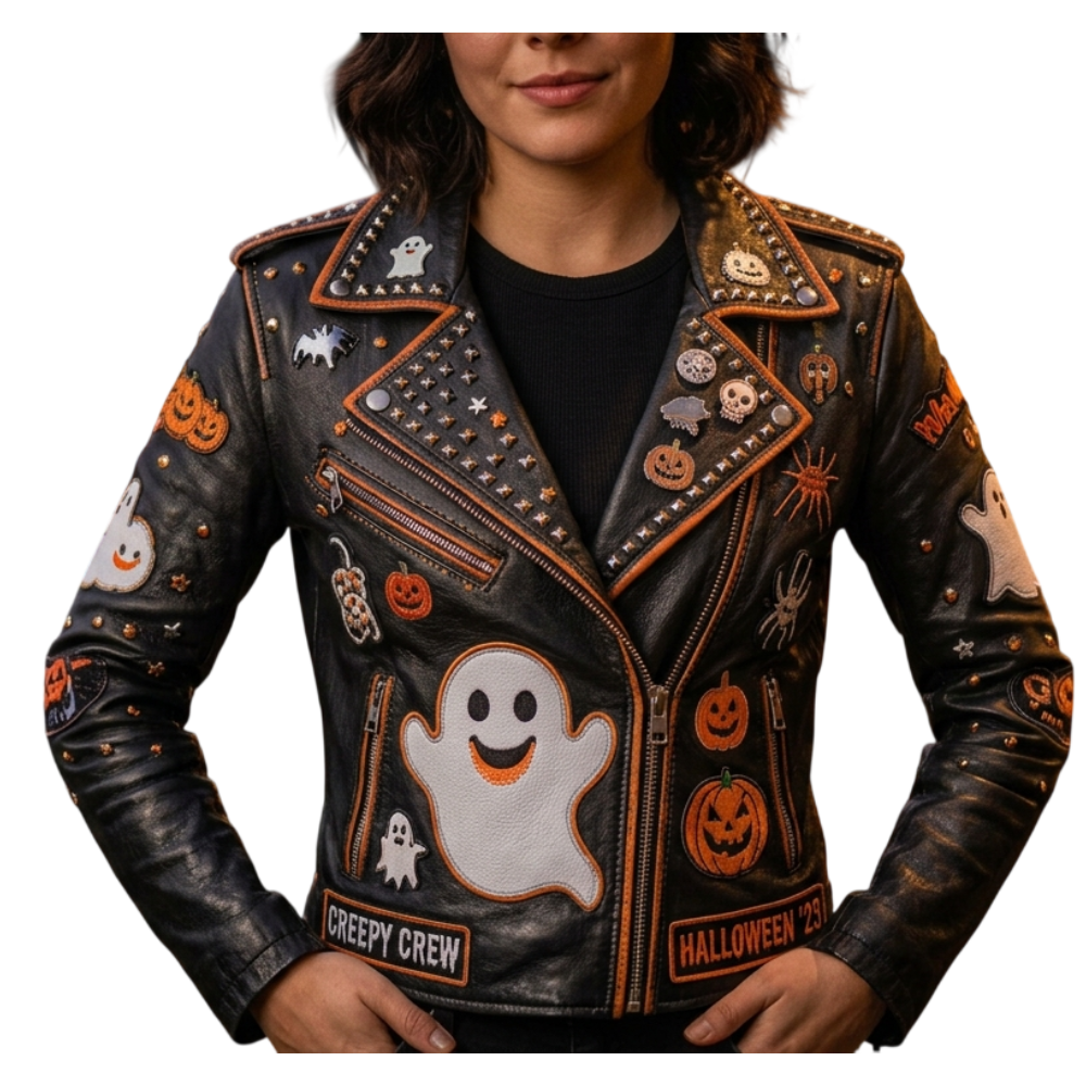 Women’s Creepy Crew Ghostly Good Times Black Leather Jacket Women’s Ghostly Leather Jacket