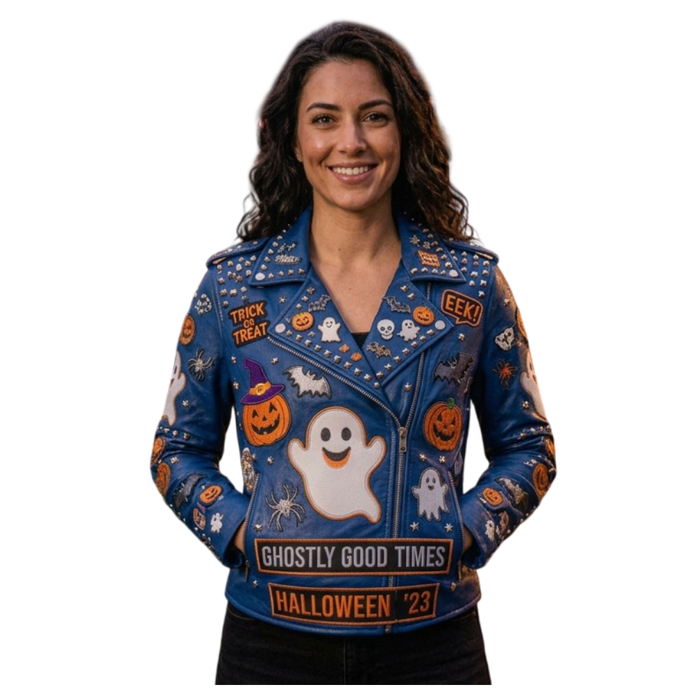 Women’s Ghostly Good Times Halloween Blue Leather Jacket Women’s Halloween Leather Jacket