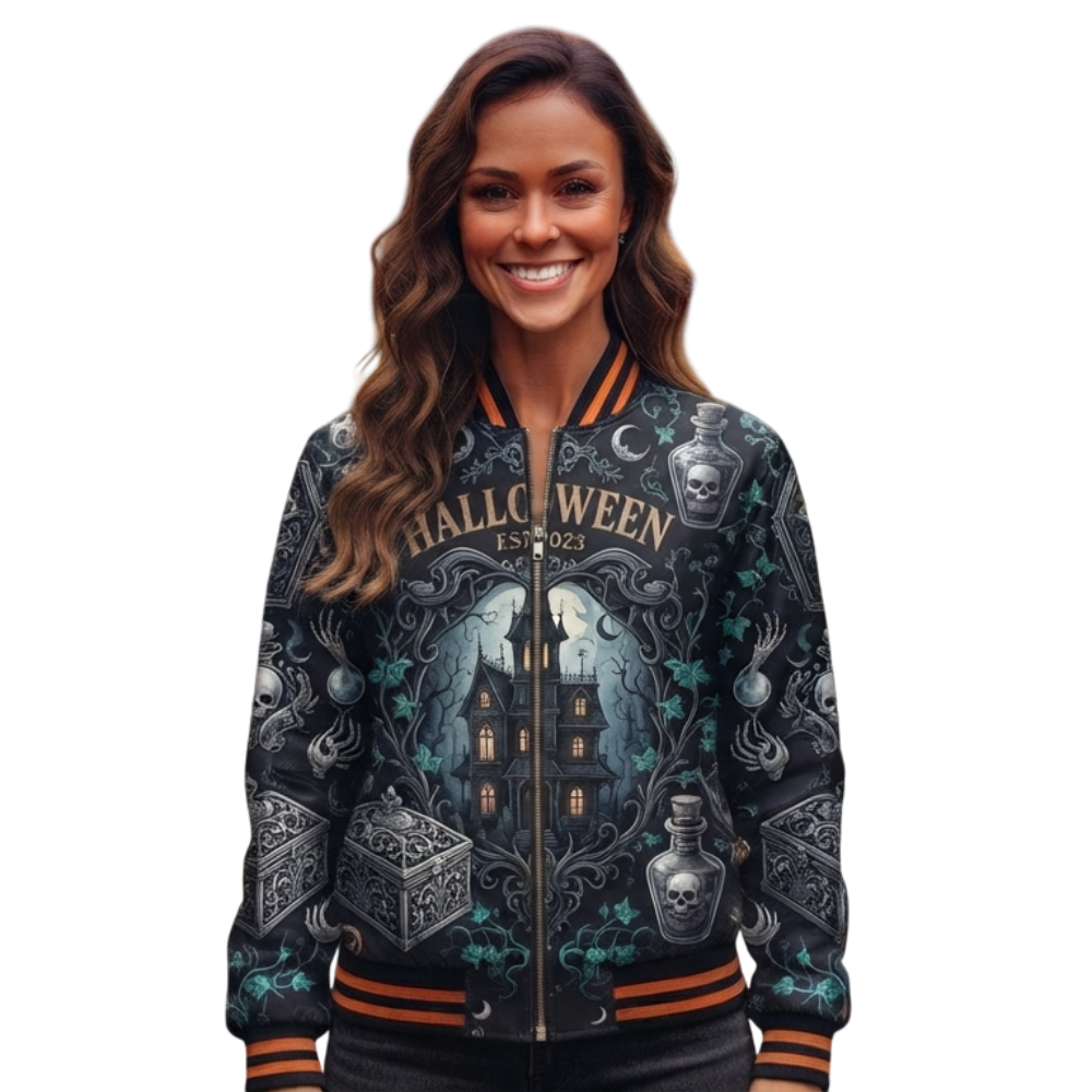 Women’s Halloween Haunted House Bomber Jacket Women’s Halloween Bomber Jacket