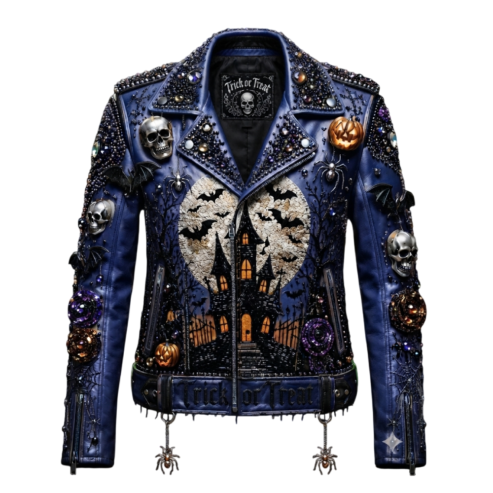 Women’s Navy Blue Haunted Halloween Biker Leather Jacket Women’s Halloween Biker Leather Jacket