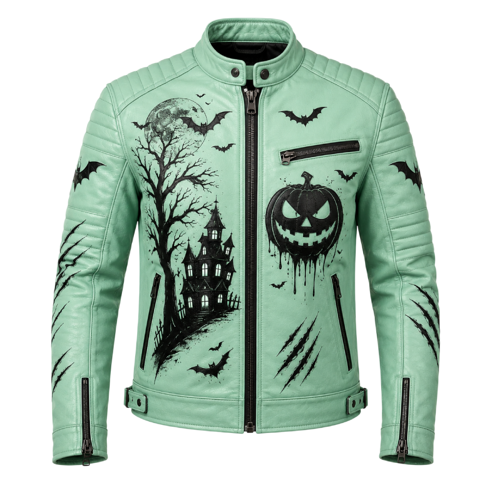 Men’s Mint Green Halloween Gothic Pumpkin Leather Biker Jacket Men’s Halloween Leather Biker Jacket