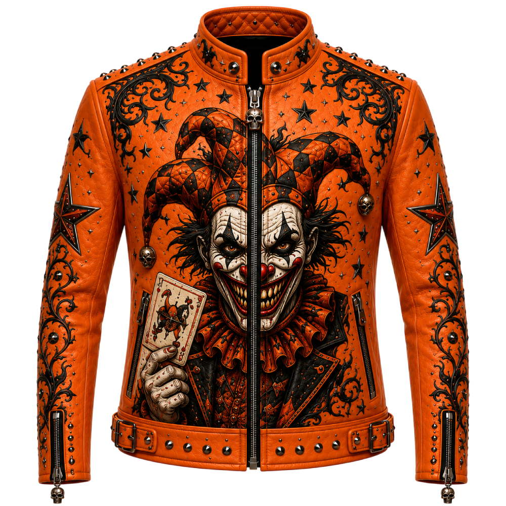 Men’s Orange Halloween Joker Leather Biker Jacket Men’s Halloween Leather Biker Jacket