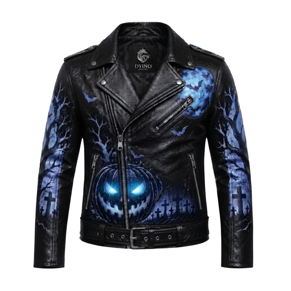 Women’s Black & Blue Halloween Pumpkin Leather Biker Jacket Women’s Halloween Leather Biker Jacket