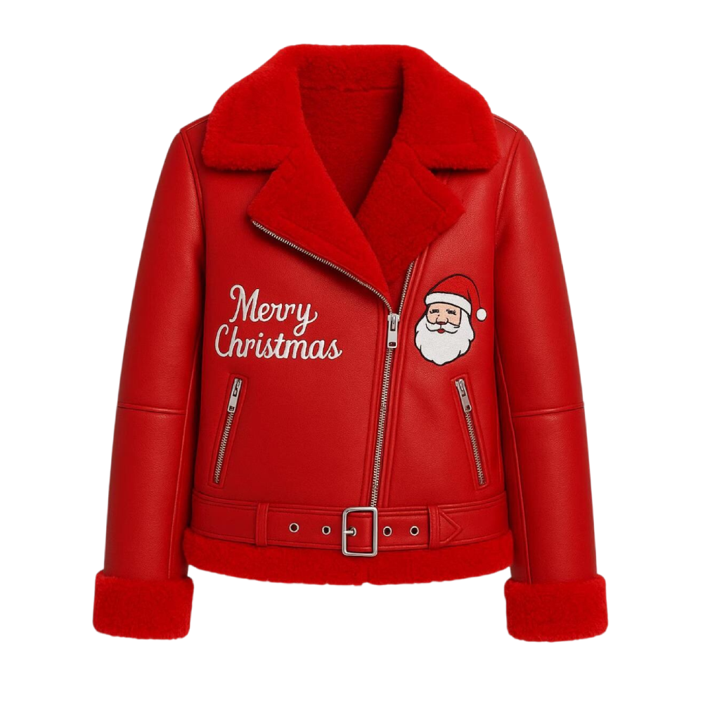 Women’s Red Faux Leather Shearling Merry Christmas Jacket Women’s Leather Christmas Jacket