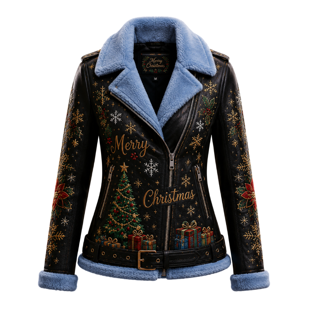 Women’s Merry Christmas Black Leather Biker Jacket Women’s Christmas Leather Biker Jacket