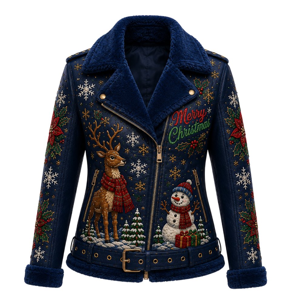 Women’s Merry Christmas Blue Leather Biker Jacket Women’s Christmas Leather Biker Jacket