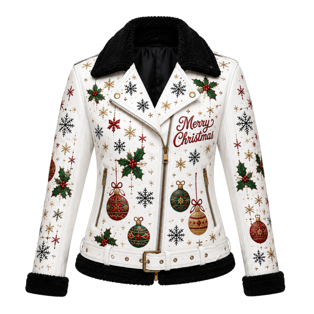 Women’s White Christmas Leather Biker Jacket – Black Fur Women’s Christmas Leather Biker Jacket