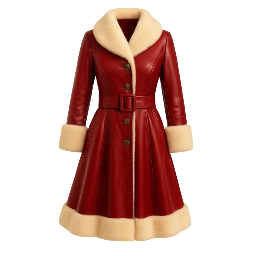 Women’s Red Leather Long Coat – Cream Shearling Trim & Belt Women’s Leather Long Coat