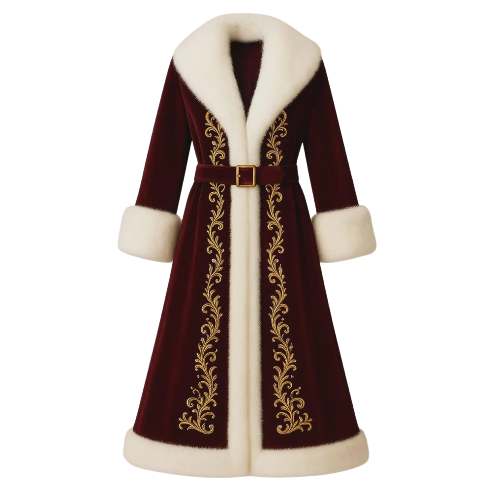 Women’s Burgundy Velvet Long Coat – Cream Fur & Gold Women’s Long Coat