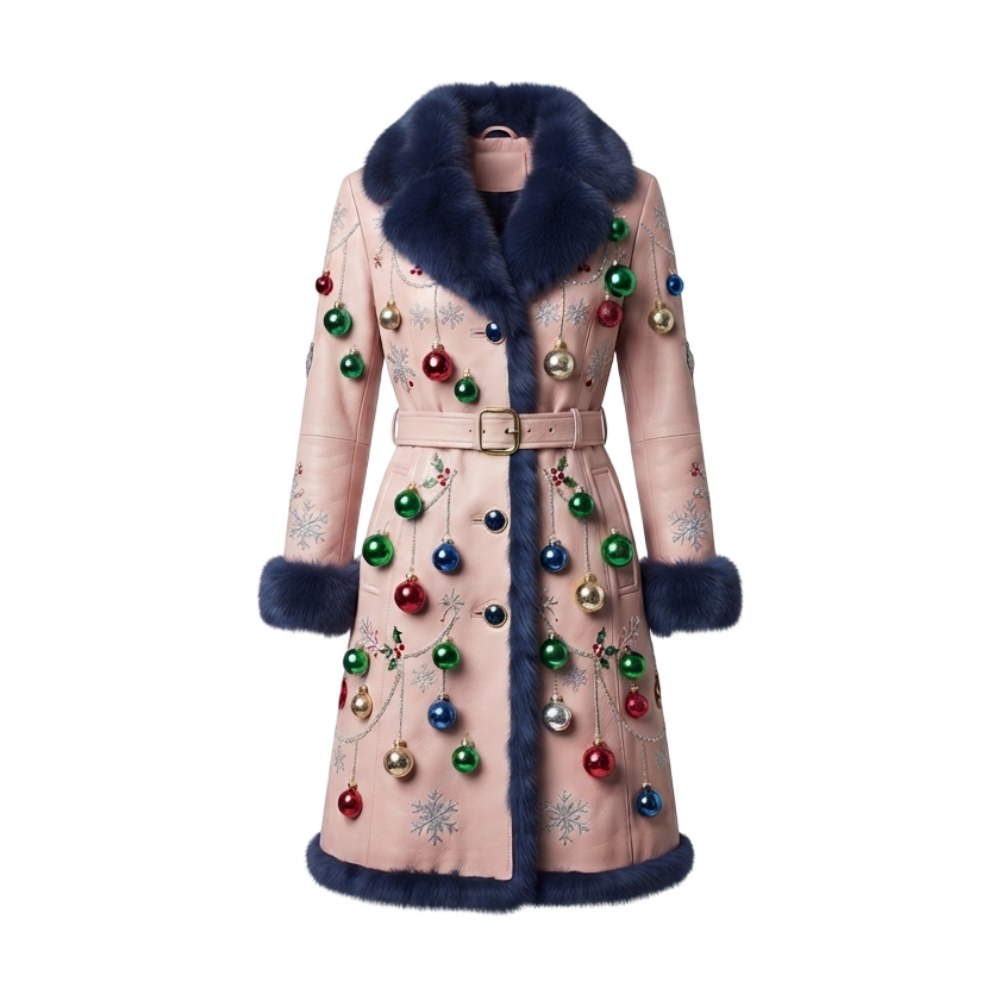 Women’s Blush Pink Leather Long Coat – Navy Fur & Christmas Women’s Leather Long Coat Christmas