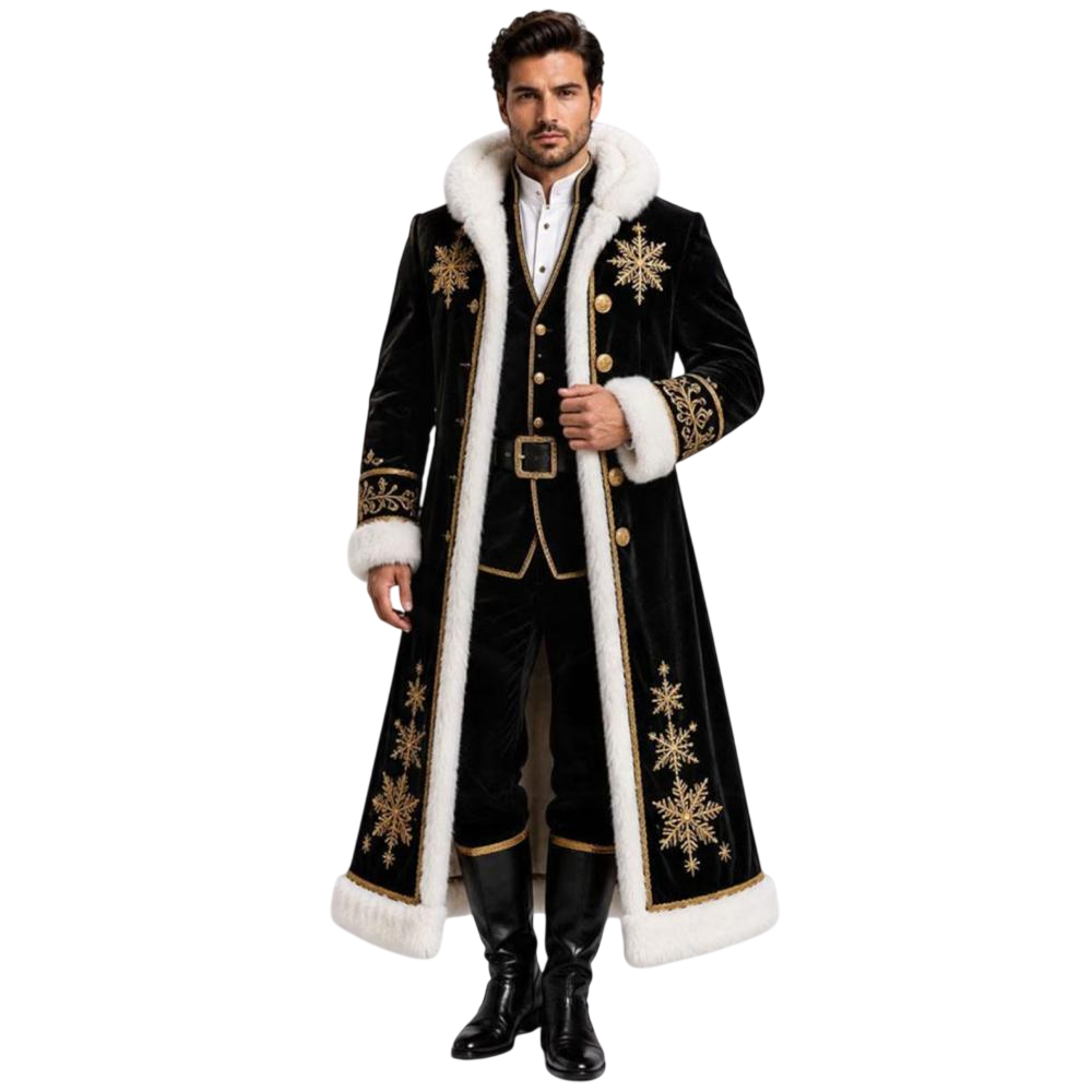 Men’s Black Velvet Winter Long Coat – White Fur Trim Men’s Long Coat