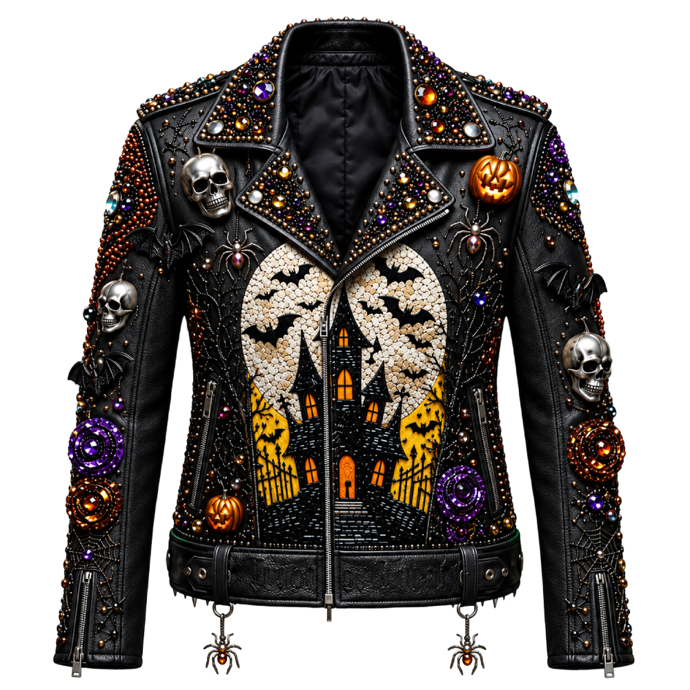 Men’s Halloween Haunted Castle Leather Biker Jacket Men’s Leather Biker Jacket