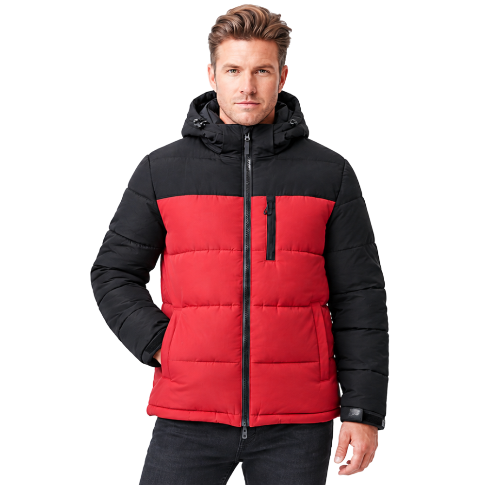 Men’s Red & Black Hooded Quilted Puffer Jacket Stylish Men’s Hooded Puffer Jacket